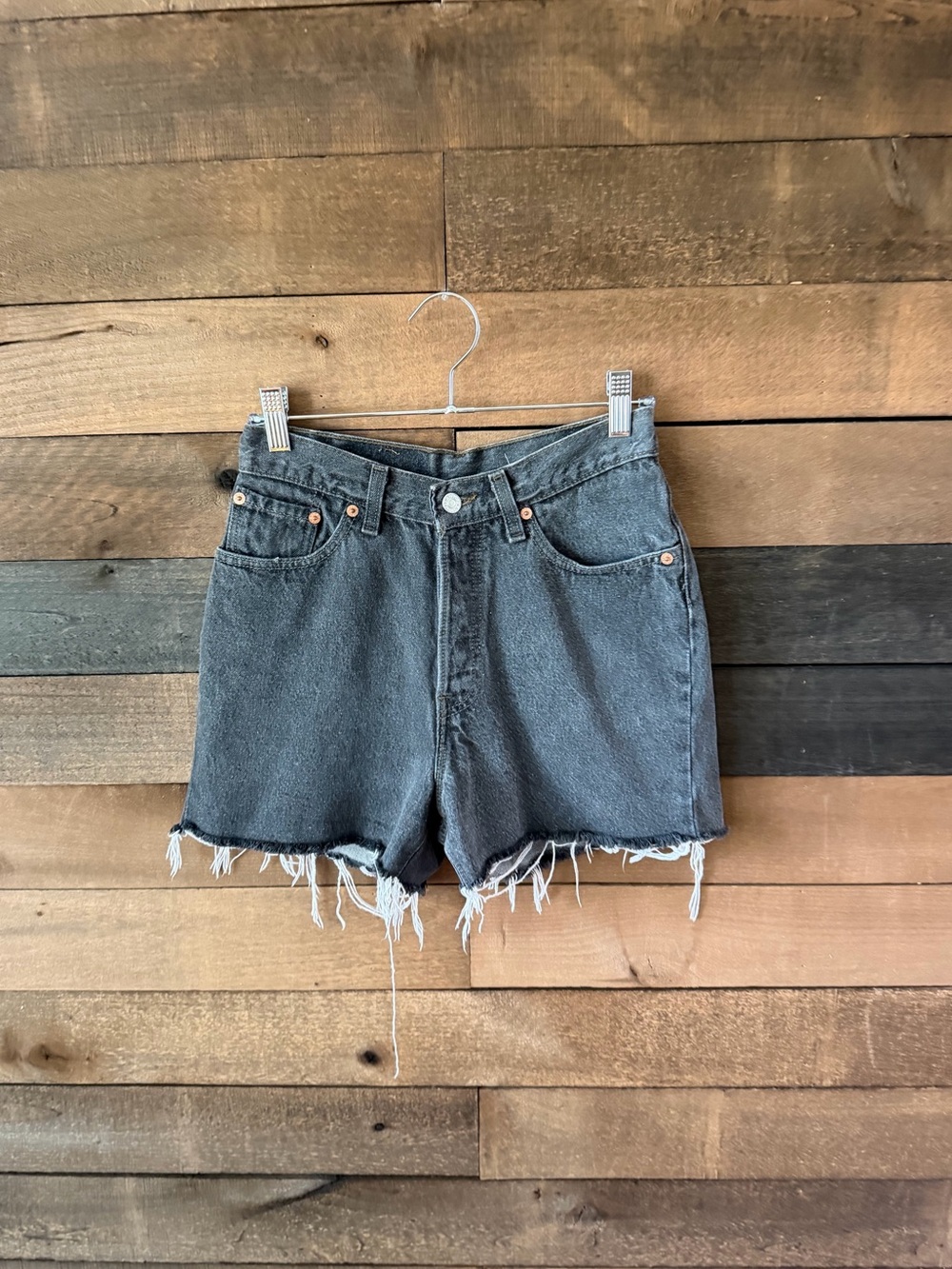 Vintage Levi’s 17501 Black Denim Cutoff Shorts High Rise Distressed Size 7